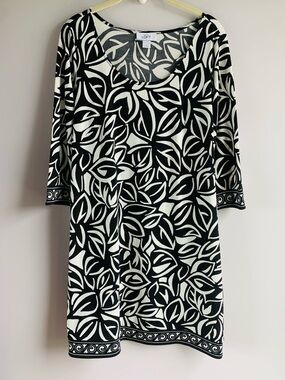 Loft Shift Dress Black White Monotone Tropical Leaf Print Greek Key Office Small